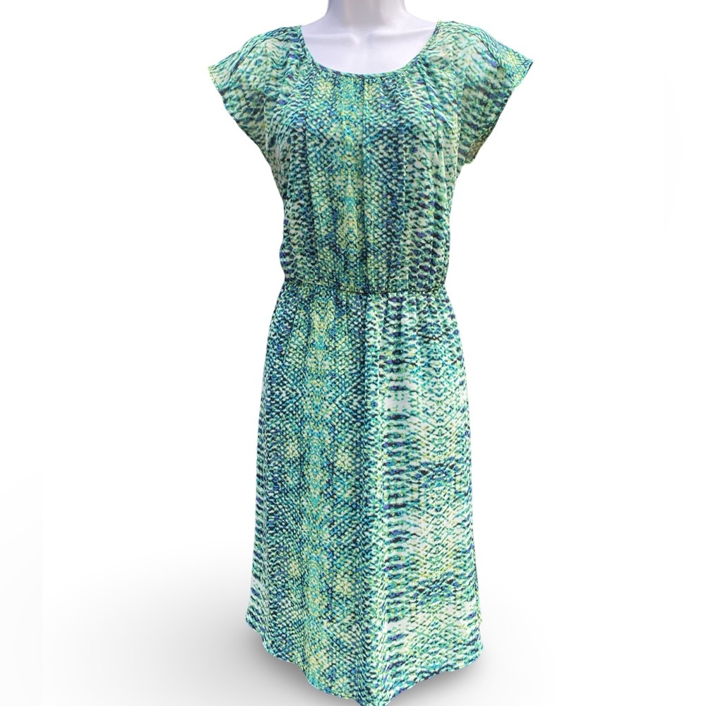 AGB Dress Green Abstract Pattern Pleated Midi Sundress w/Cap Sleeves
